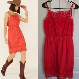 NWT Stetson Eyelet Sleeveless Red Lace Trim Mini Dress. Size M. 100% Cotton.